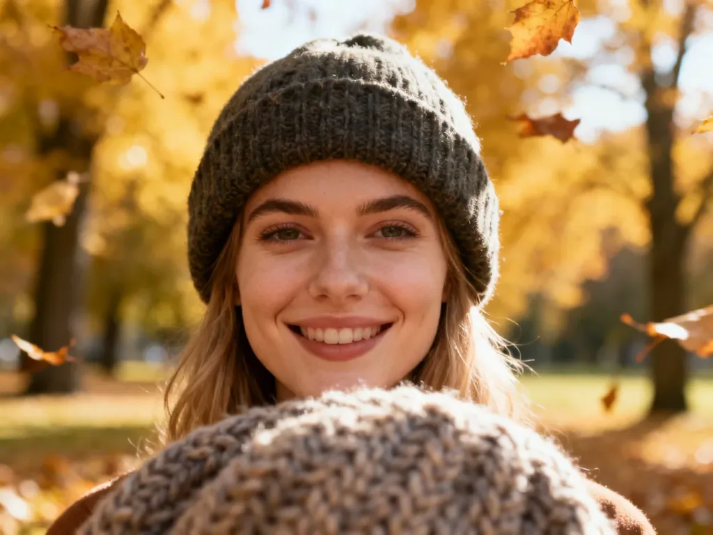 Kobieta w modnej czapce typu beanie uśmiecha się w jesiennym parku, prezentując stylowy dodatek na chłodniejsze dni.