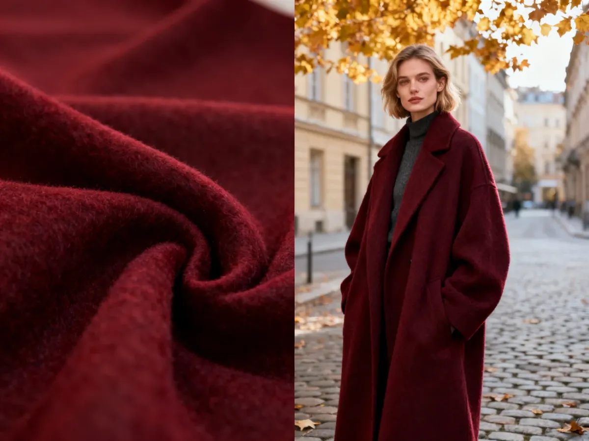 Stylowa kobieta w burgundowym płaszczu wełnianym na tle jesiennej ulicy, prezentująca eleganckie połączenie kolorystyczne.