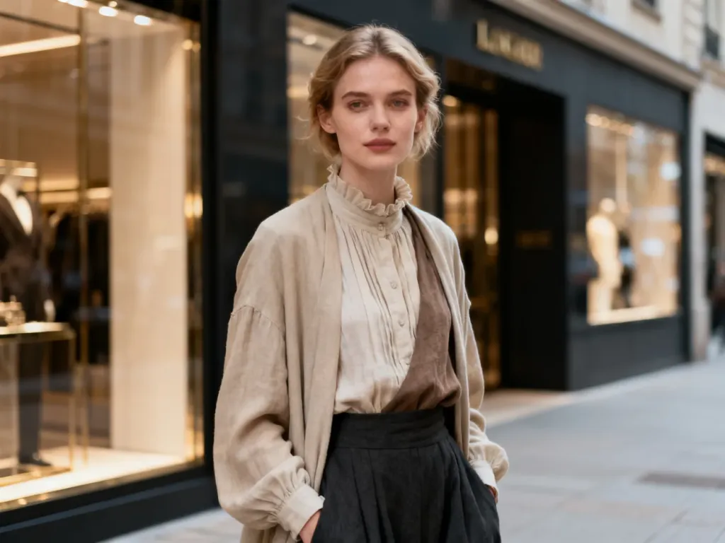 Stylowa kobieta w warstwowym stroju łączącym minimalizm z vintage na tle nowoczesnej ulicy z butikami.